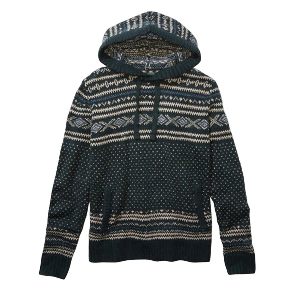 American Eagle Sweater Hooded Men Birdseye Fair Isle Grandpa Large Green